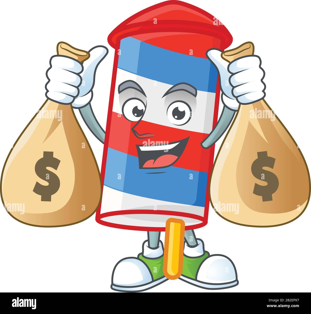A cute image of rocket USA stripes cartoon character holding money bags ...