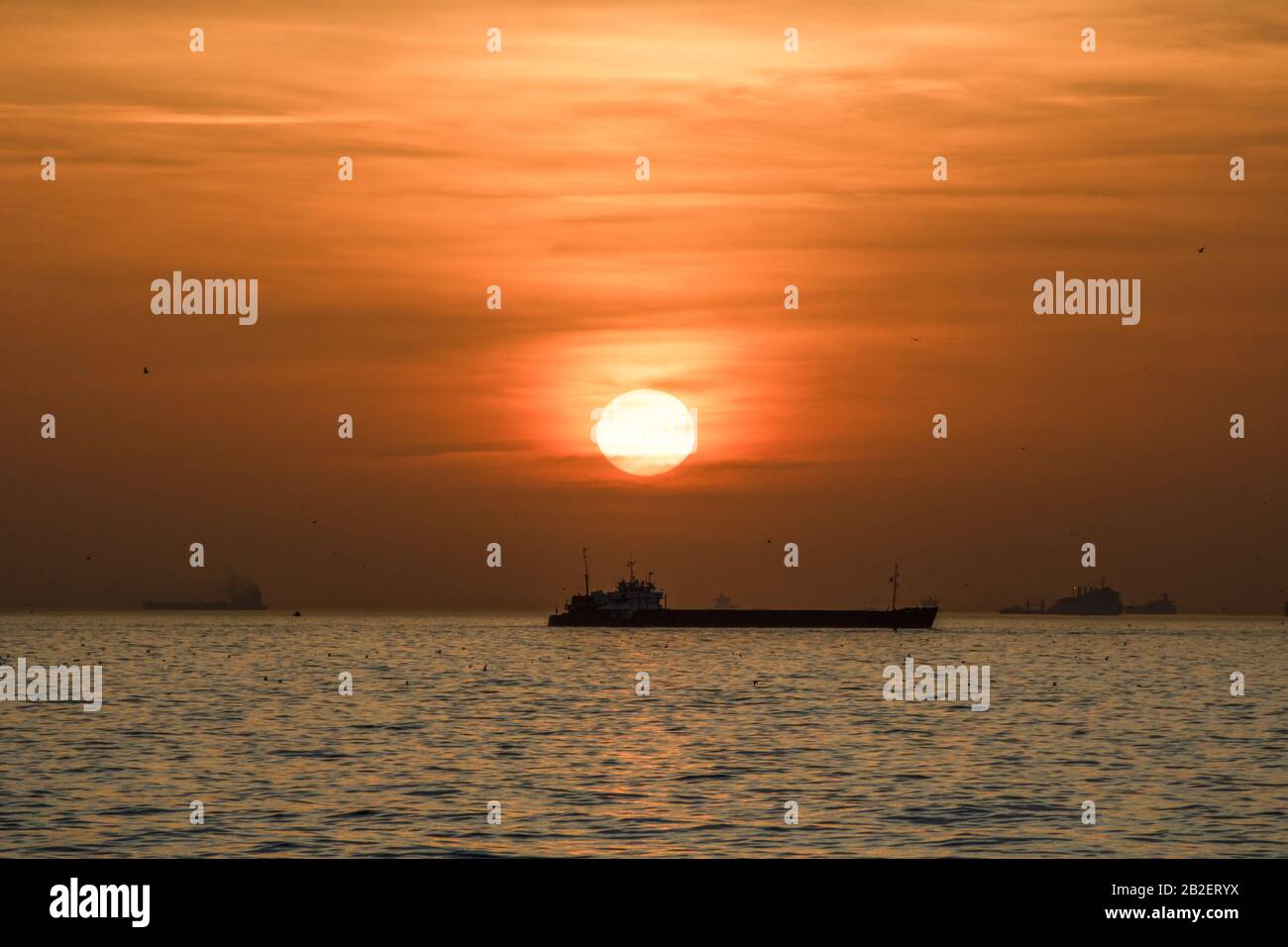 Kadikoy Moda coast sea view at sunset. Photographed outdoors. Golden ...