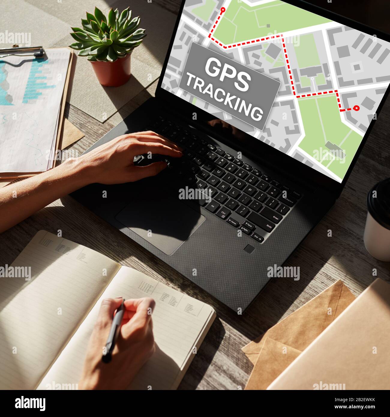 GPS Global positioning system tracking map on device screen Stock Photo