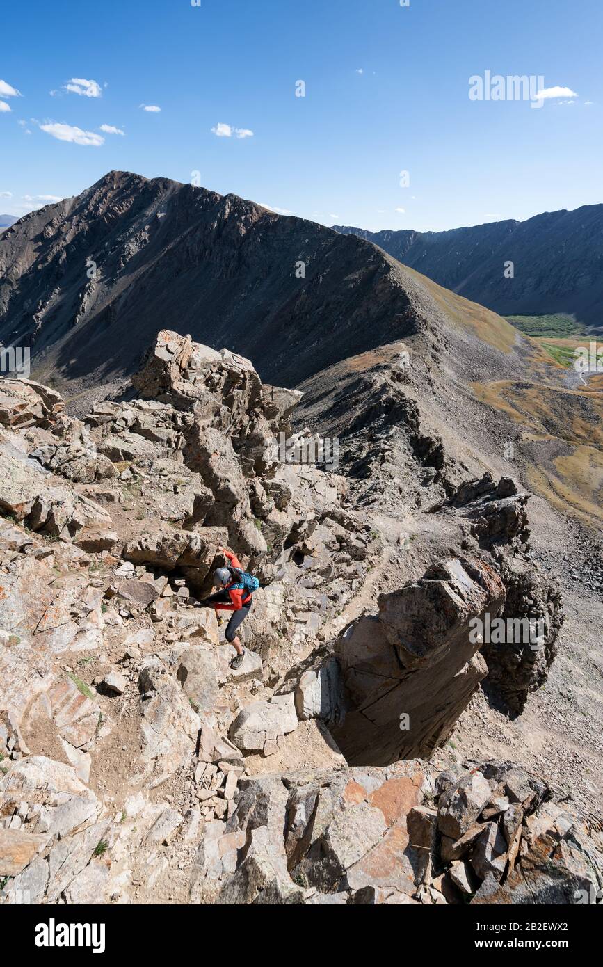 Trail running and climbing at Torreys Peak in Colorado, USA Stock Photo