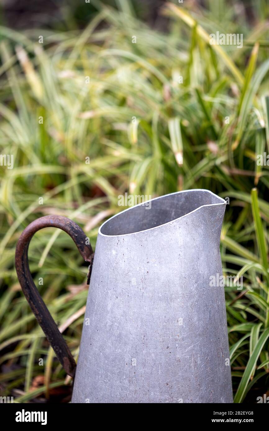 upper part of an old metal jar used for watering plants, in front of grass Stock Photo