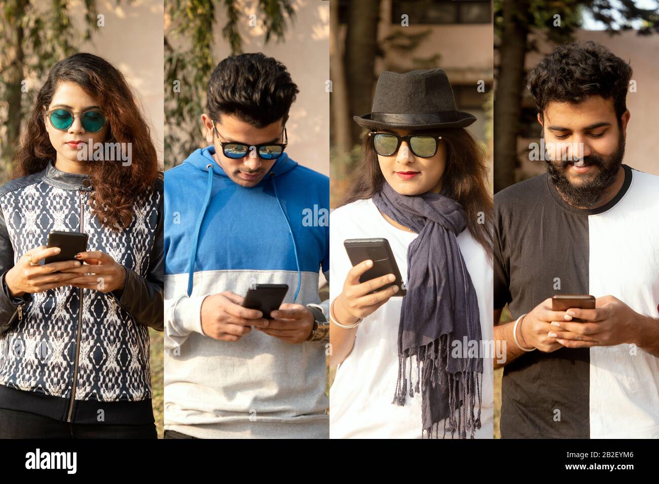 College of people busy on mobile - group of modern trendy millennials using smartphone - concept of social media, internet, e commerce, technology Stock Photo