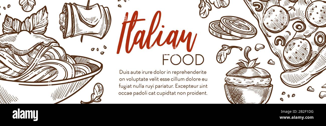 Pasta and pizza, Italian cuisine restaurant menu banner Stock Vector