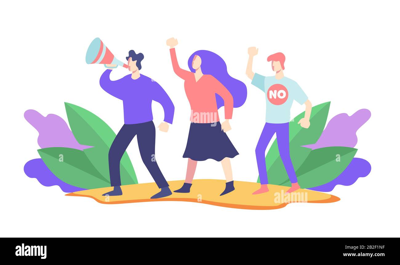 Human rights fighting, protest or workers strike, activists with loudspeaker Stock Vector