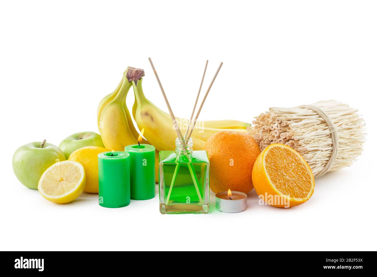 Still life of tropical fruits, essential oils and aroma diffuser Stock