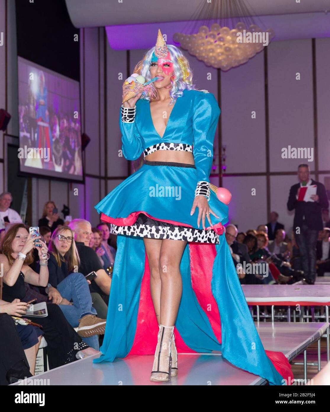 Houston, USA. 2nd Mar, 2020. A model presents a dress decorated with ice creams during the Food in Fashion event in Dallas, Texas, the United States, on March 2, 2020. A special Houston, USA. 2nd Mar, 2020. A model presents a dress decorated with ice creams during the Food in Fashion event in Dallas, Texas, the United States, on March 2, 2020. A special