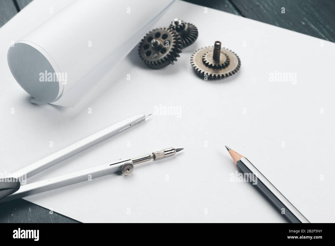 Engineering supplies and blueprints on workplace close up Stock Photo