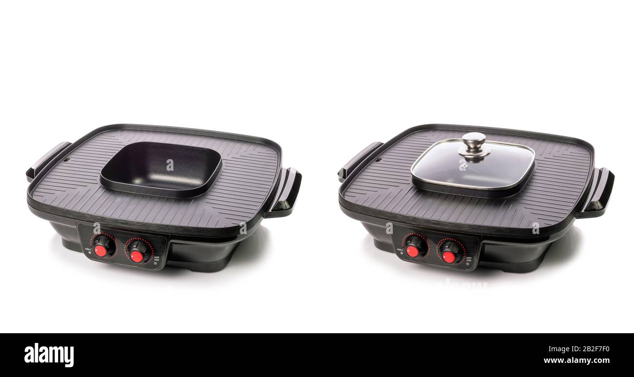 New black teflon electric grill with soup pot in the middle isolated on