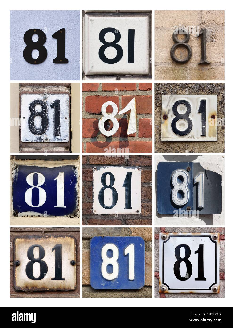 Number 81 sign. Collage of House Numbers Eighty-one Stock Photo