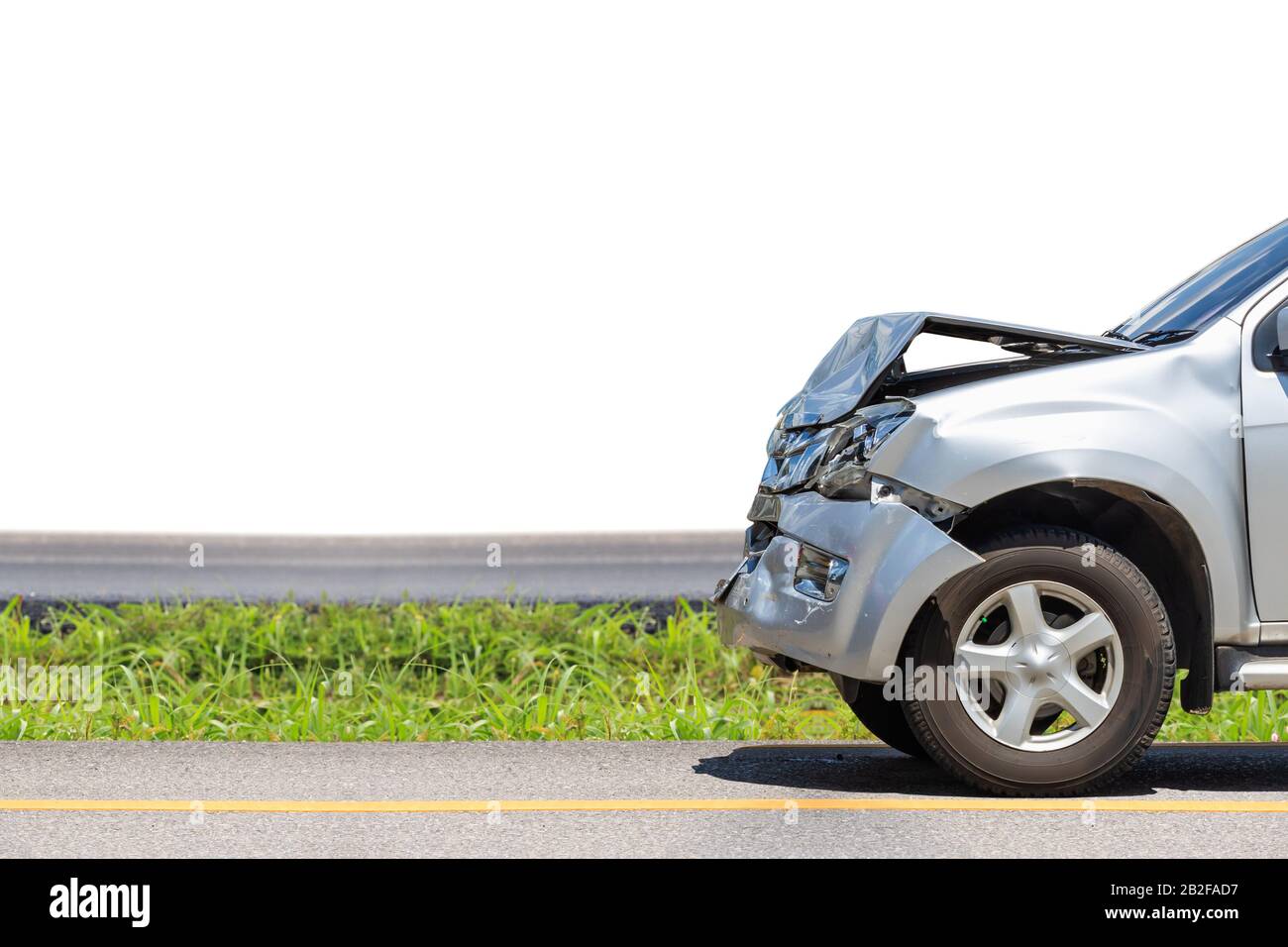 Front of black car get damaged by accident on the road. Isolated on white. Saved with clipping path Stock Photo