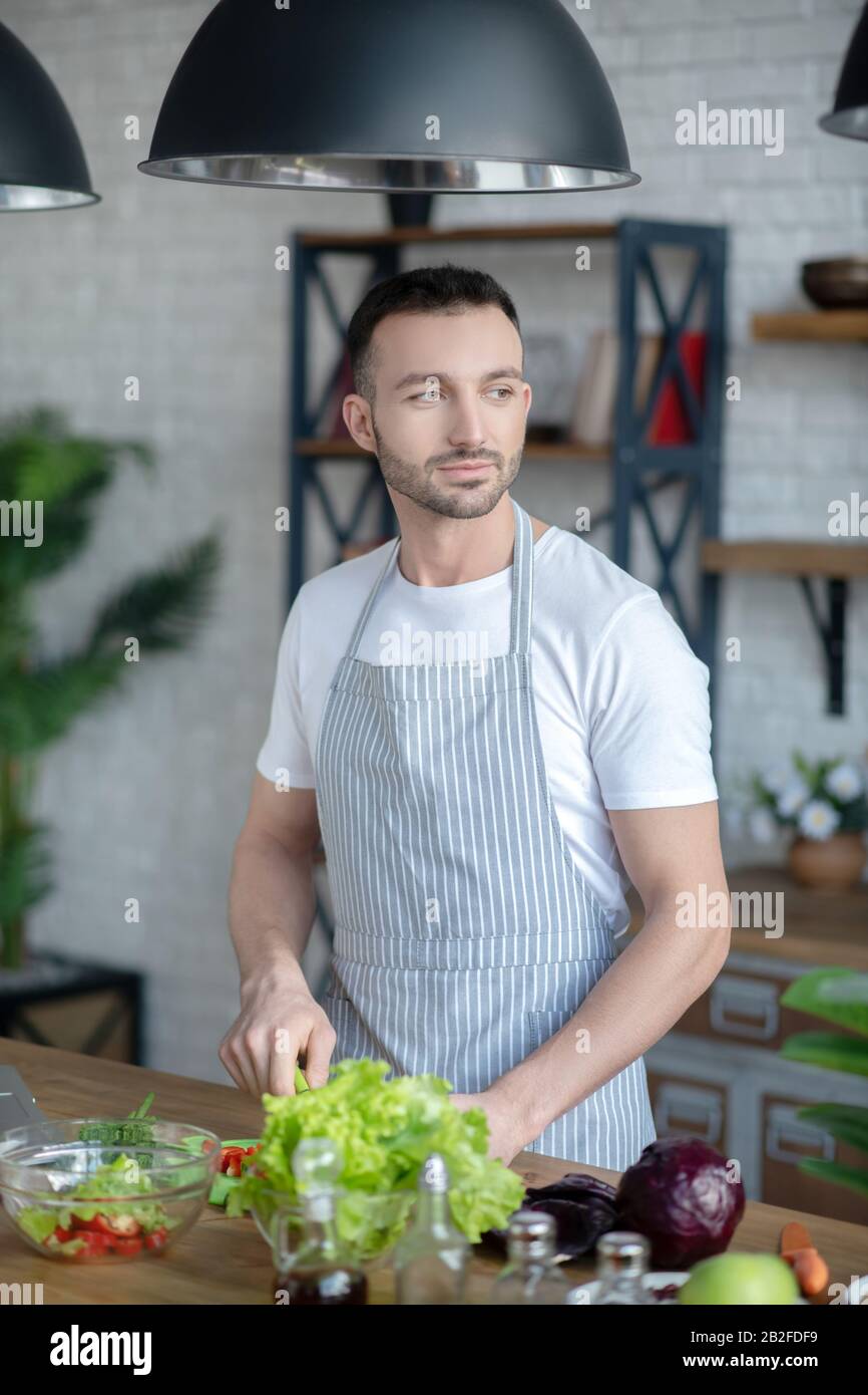 Dark-haired man in a kitchen apron cooking at home. Stock Photo