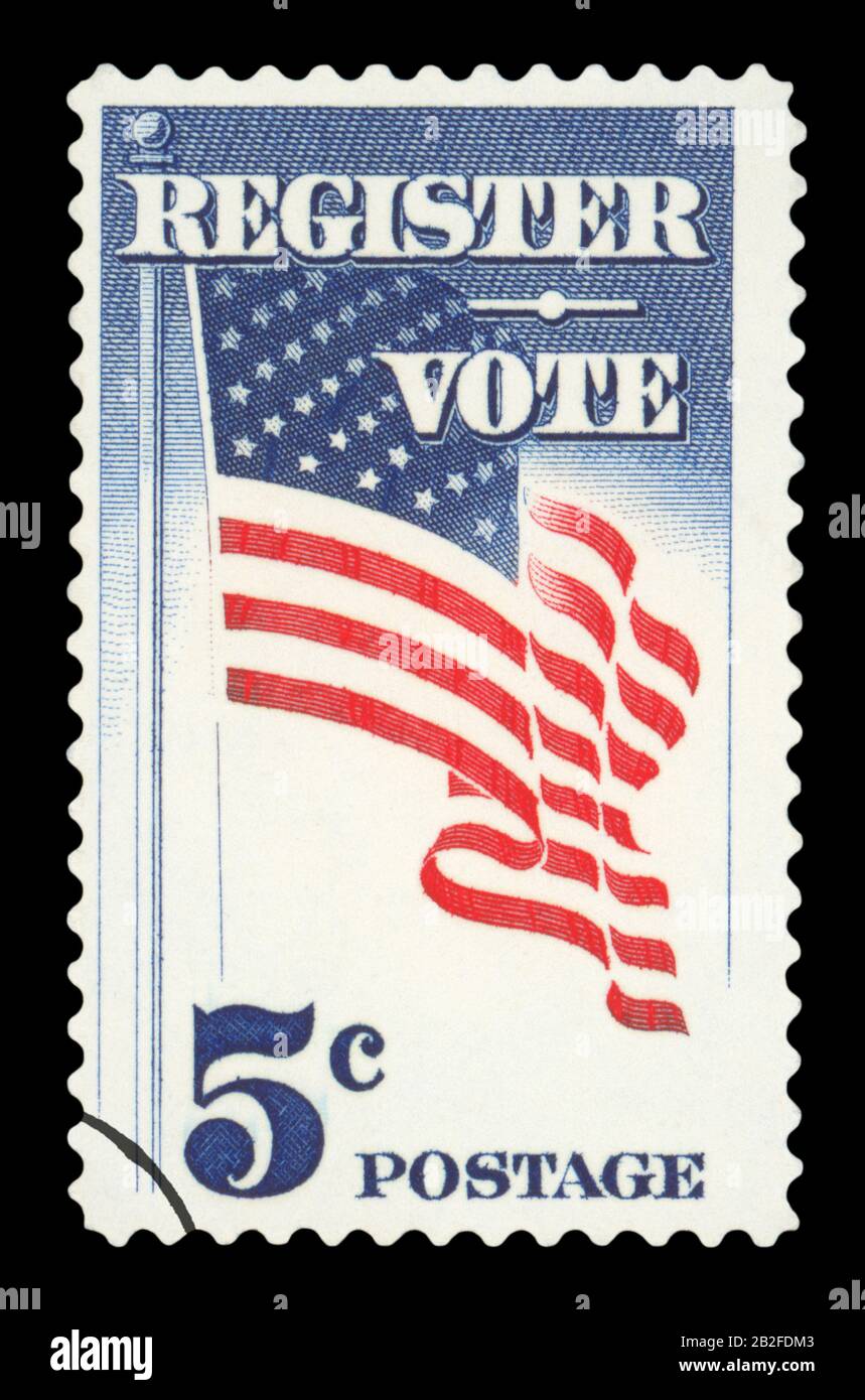 UNITED STATES OF AMERICA - CIRCA 1960: Postage stamp depicting US flag on a pole waving with inscription 'Register Vote', circa 1960 Stock Photo