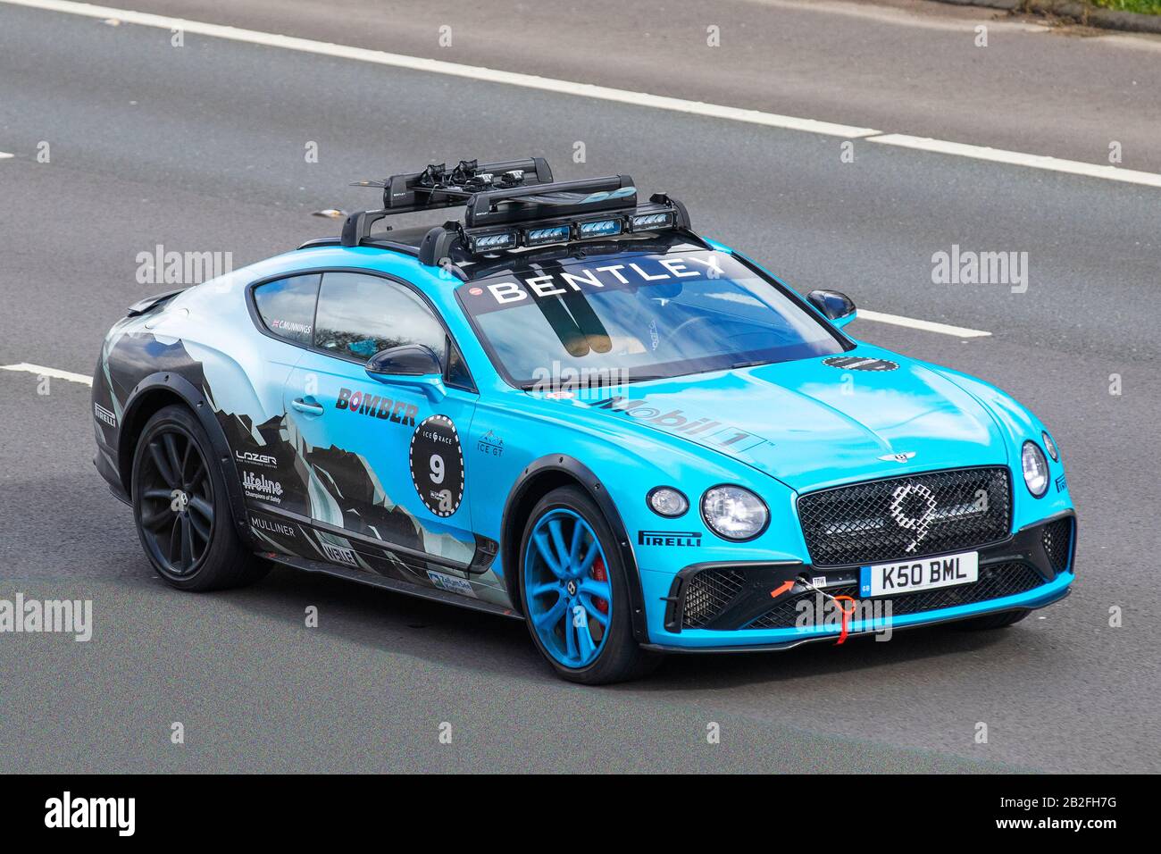 2021 Blue badass Bentley GT V8 bomber; Continental GT's normal 6.0-liter, 626-horsepower W-12 engine. Arctic exploration build, This one-off was created for the Zell am See ice race, where it'll be driven by rally champion Catie Munnings. The legendary ice race takes place at the airport of Zell am See-Kaprun seen in Chorley, Manchester. Stock Photo