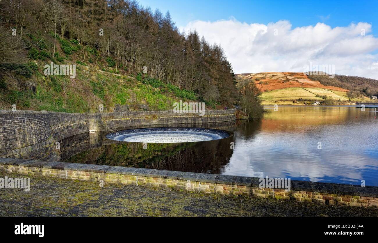 Ladybower reservoir, plughole overflow,bellmouth drain, overflowing, upper derwent valley peak district,Derbyshire,England,UK Stock Photo