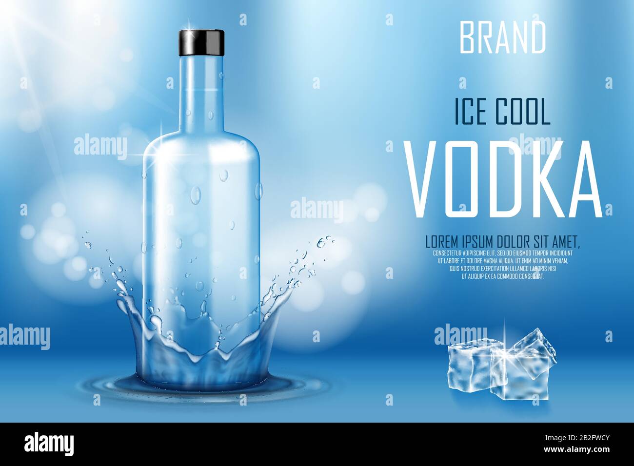Vodka bottle with ice cubes ad. Strong alcohol drink mock up on shiny blue background and water splash and drops. Vodka advertising banner. Realistic Stock Vector
