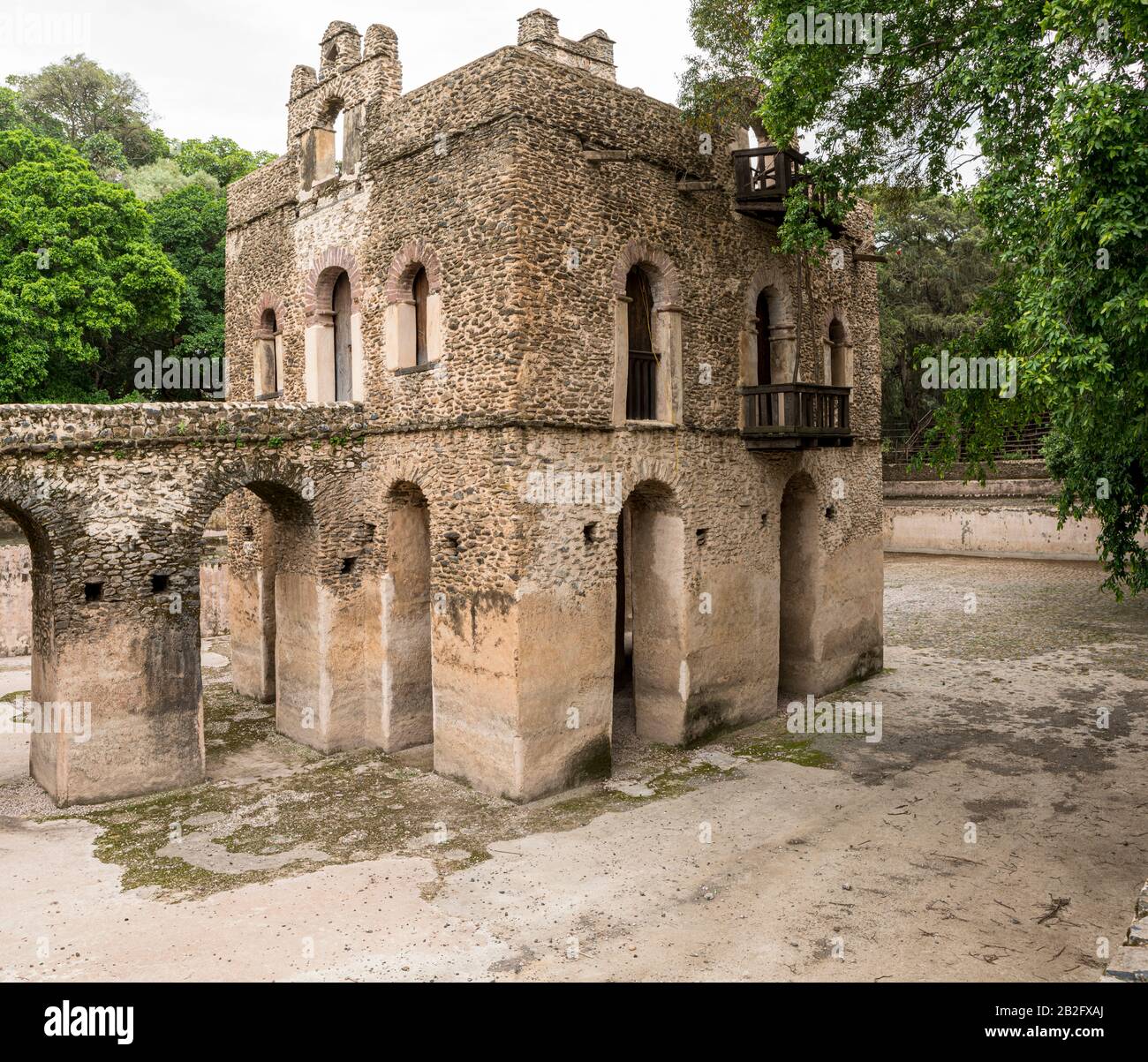 Fasiladas' Bath features a sunken bathing pool and the 2-storey building in the centre, Gondar, Ethiopia Stock Photo