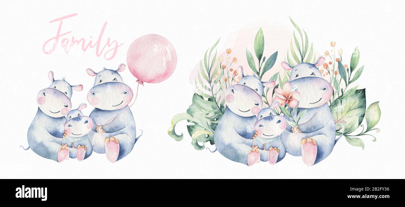 Hand Drawn Cute Isolated Tropical Summer Watercolor Hippo Animals Hippopotamus Baby And Mother Cartoon Animal Illustrations Jungle Tree Brazil Tren Stock Photo Alamy