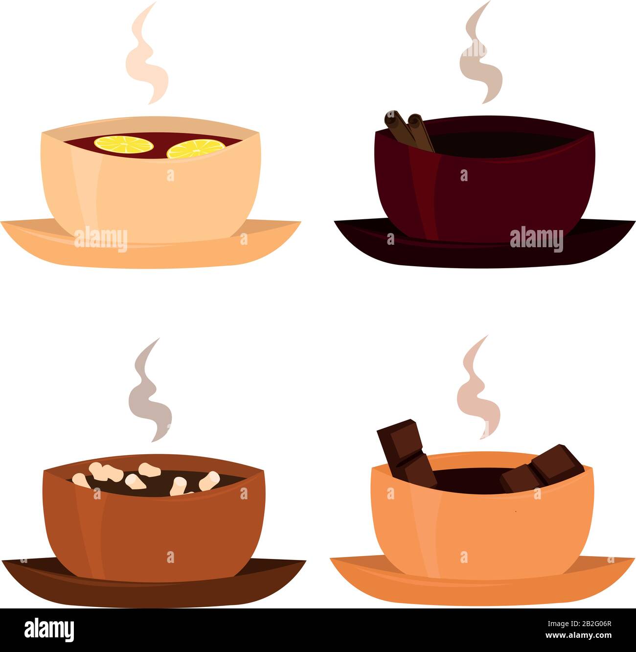 Set of hot drinks coffee, tea, cocoa, chocolate. Design of the menu