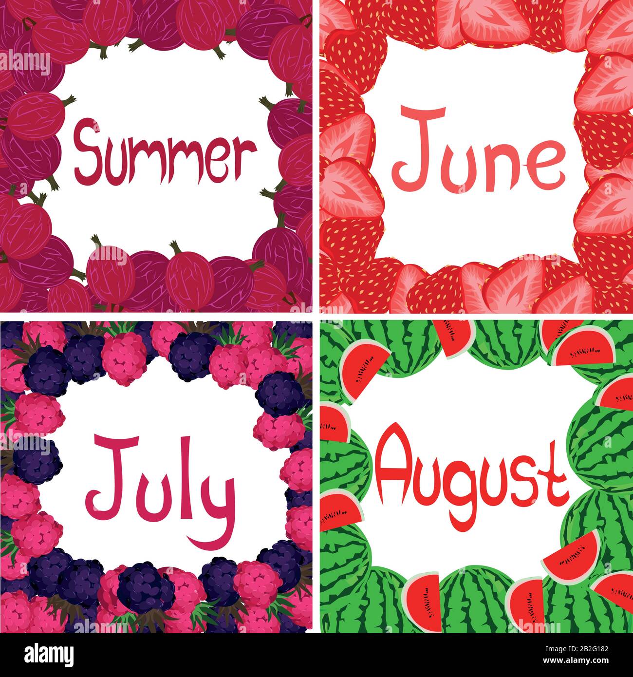Summer calendar. June, July, August in individual berry frames. Design