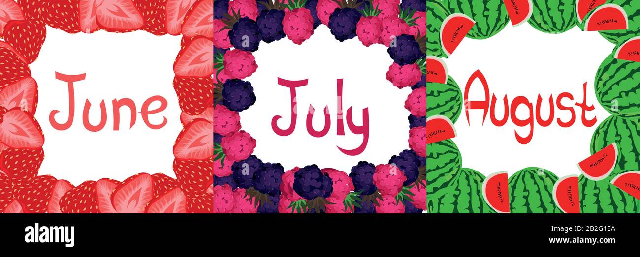 Summer calendar. June, July, August in individual berry frames. Design