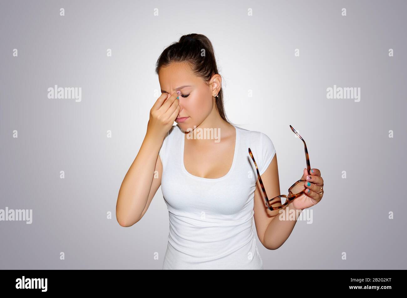 Eyes Pain. Closeup portrait tired unhappy woman suffering from strong