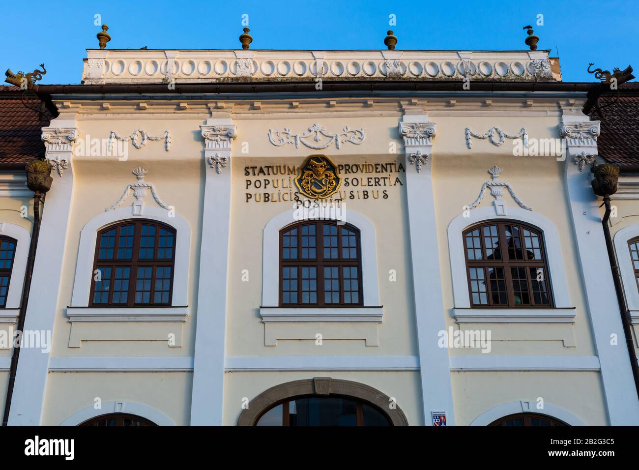 Rimavska Sobota, Slovakia - March 3, 2019: Detail of a historical town house in Rimavska Sobota, Slovakia. Stock Photo