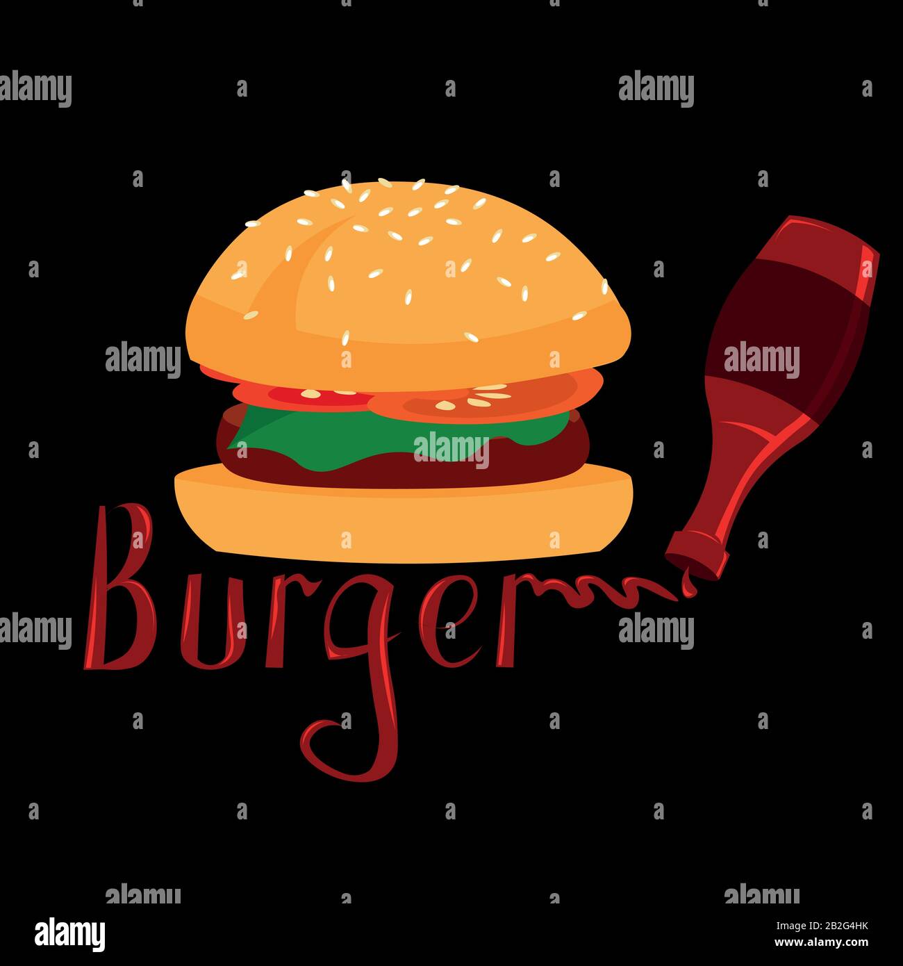 Burger, text from ketchup. Design for a cafe logo, food club, menu