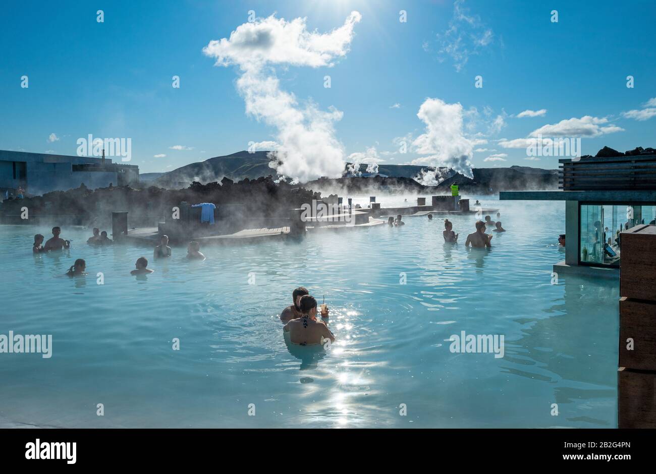 Grindavik, Iceland, Blue Lagoon geothermal hot spring Resort, people in the pool with bar Stock Photo