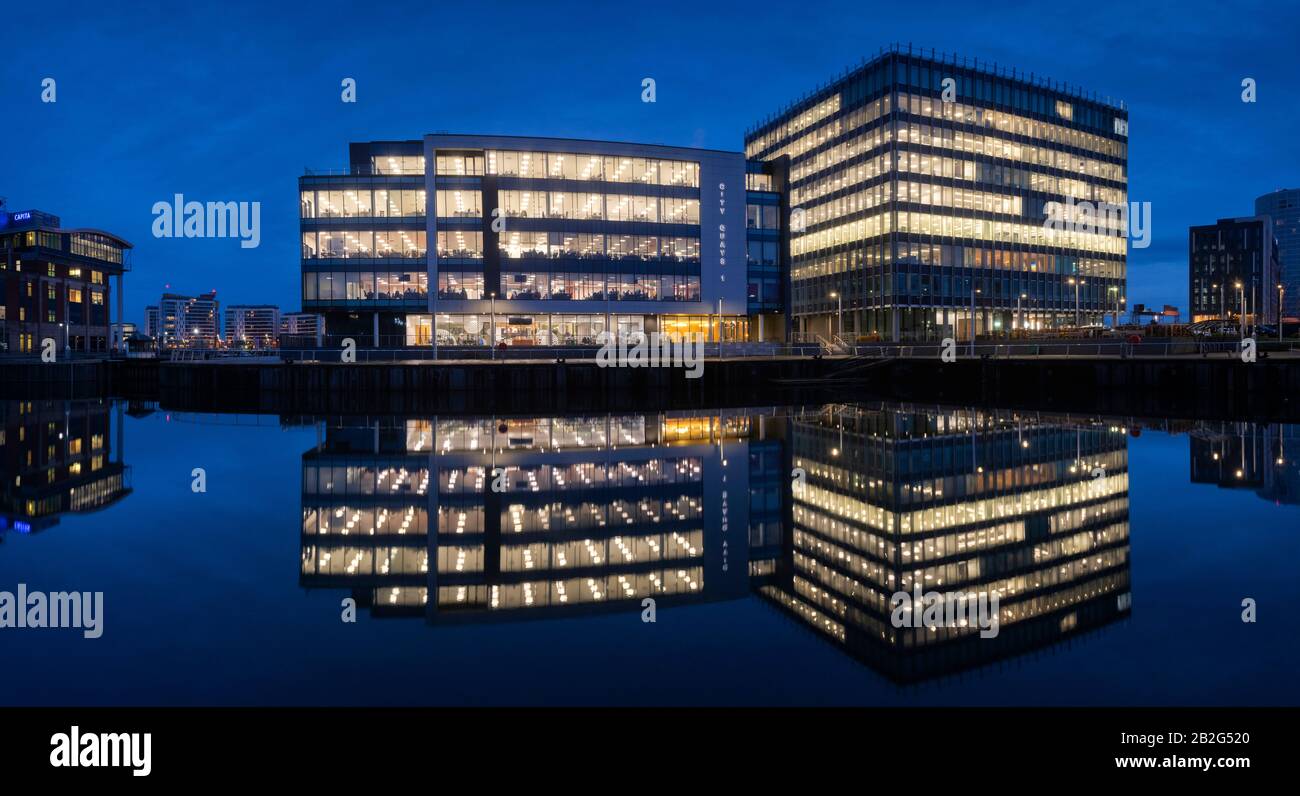 Reflections of City Quays 1 and City Quays 2 laganside Belfast Stock Photo