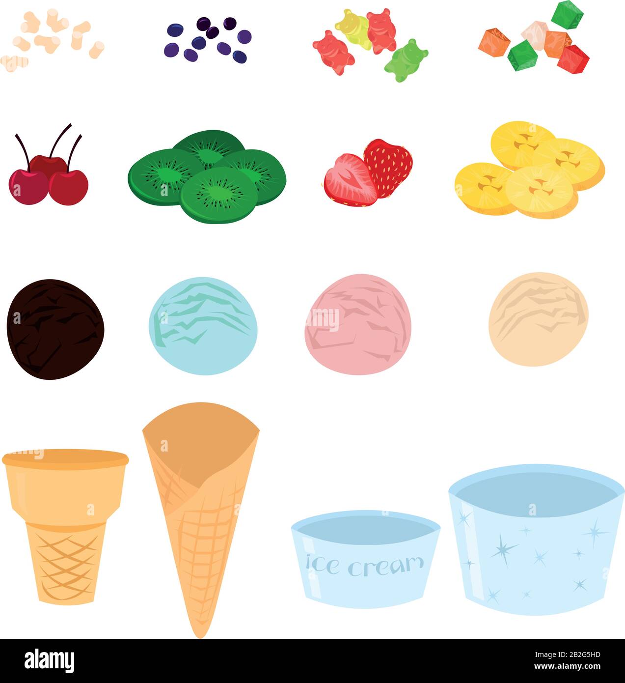 Set of ice cream and dessert ingredients. Marshmallow, marmalade