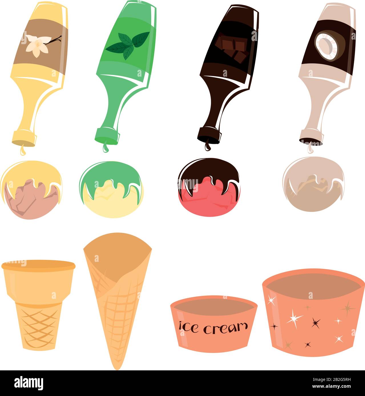 Set of ice cream and dessert ingredients. Syrups, toppings. Cafe design