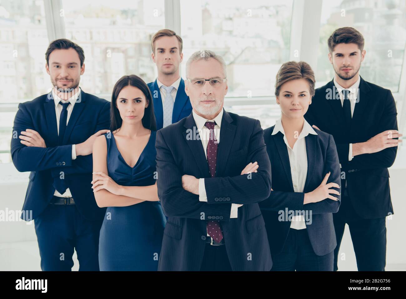 Group of six confident serious business people standing together Stock ...