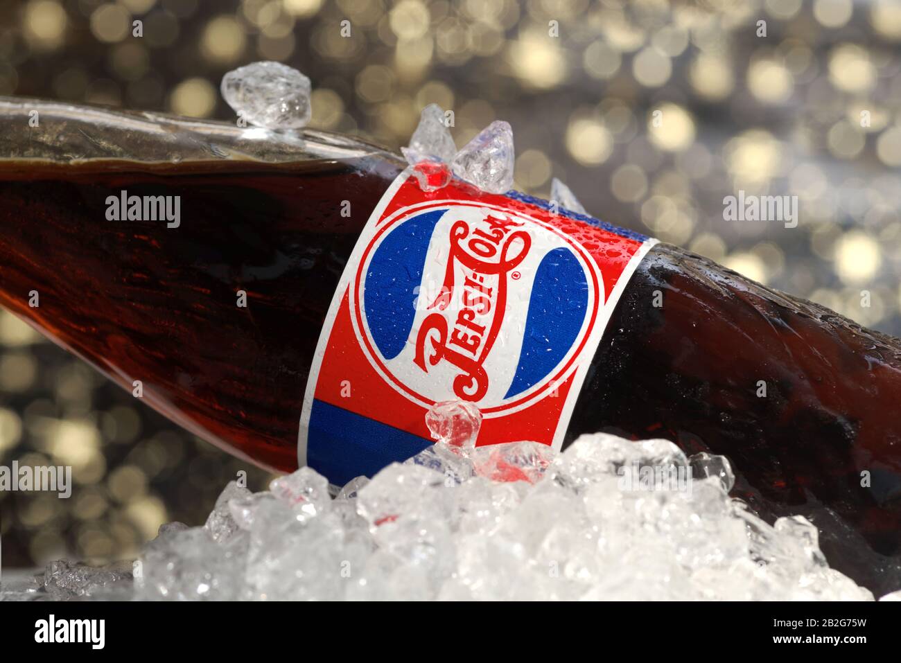Koszalin, Poland - March 3, 2020: closed Pepsi glass bottle close up. Pepsi is popular carbonated soft drink manufactured by PepsiCo Stock Photo