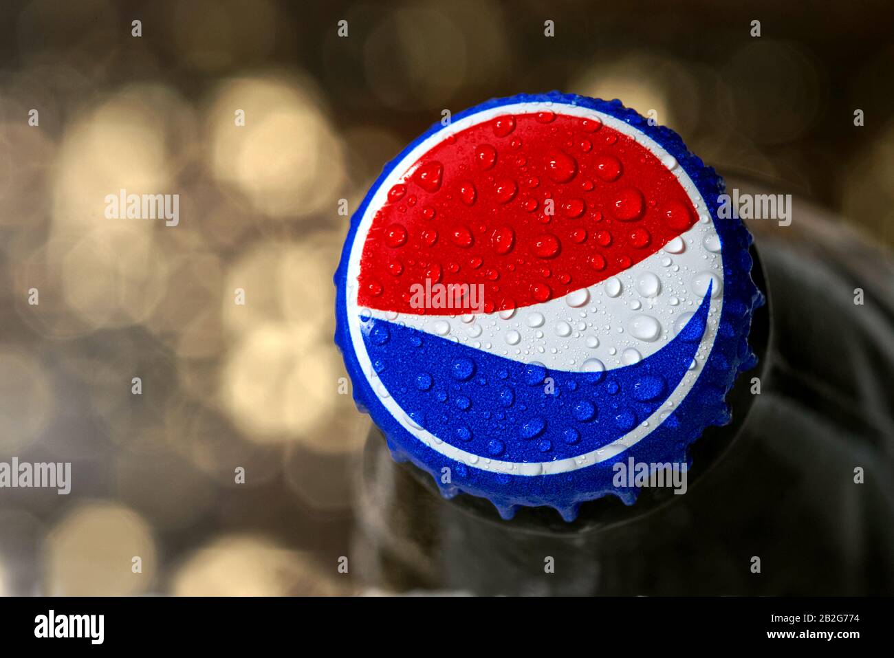 Koszalin, Poland - March 3, 2020: closed Pepsi glass bottle close up. Pepsi is popular carbonated soft drink manufactured by PepsiCo Stock Photo