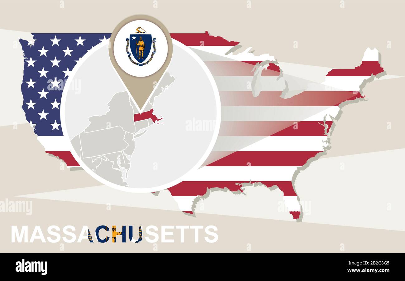 USA map with magnified Massachusetts State. Massachusetts flag and map. Stock Vector