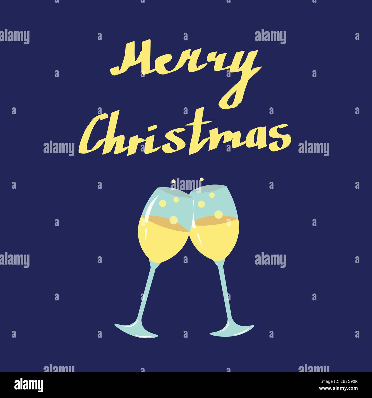 The text Merry Christmas on a blue background. Two glasses with ...