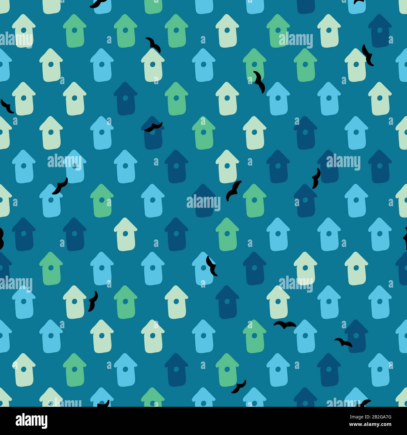birdhouses seamless vector pattern on teal Stock Vector