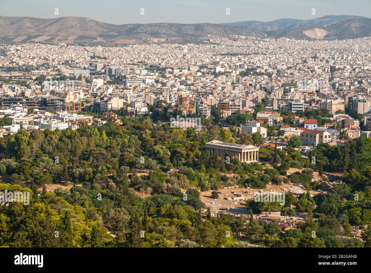 View from the Acropolis to Agora, temple of Hephaestus and panorama of Athens Stock Photo