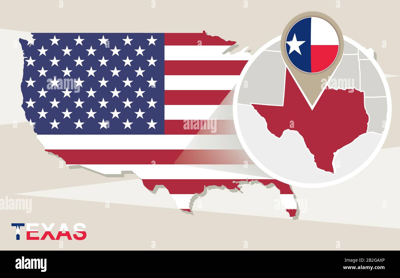 USA map with magnified Texas State. Texas flag and map Stock Vector ...