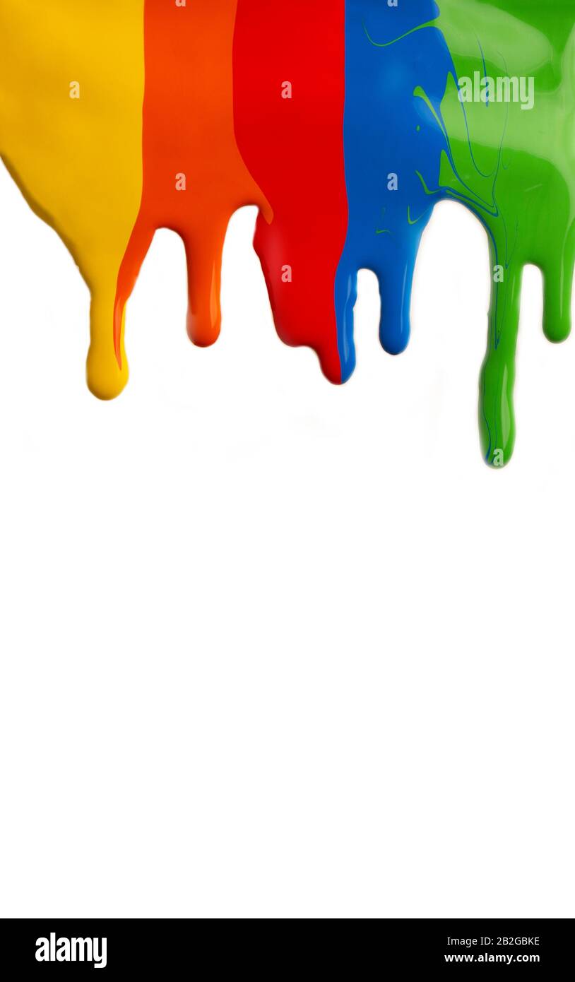 Colored paint stains dripping on white background Stock Photo