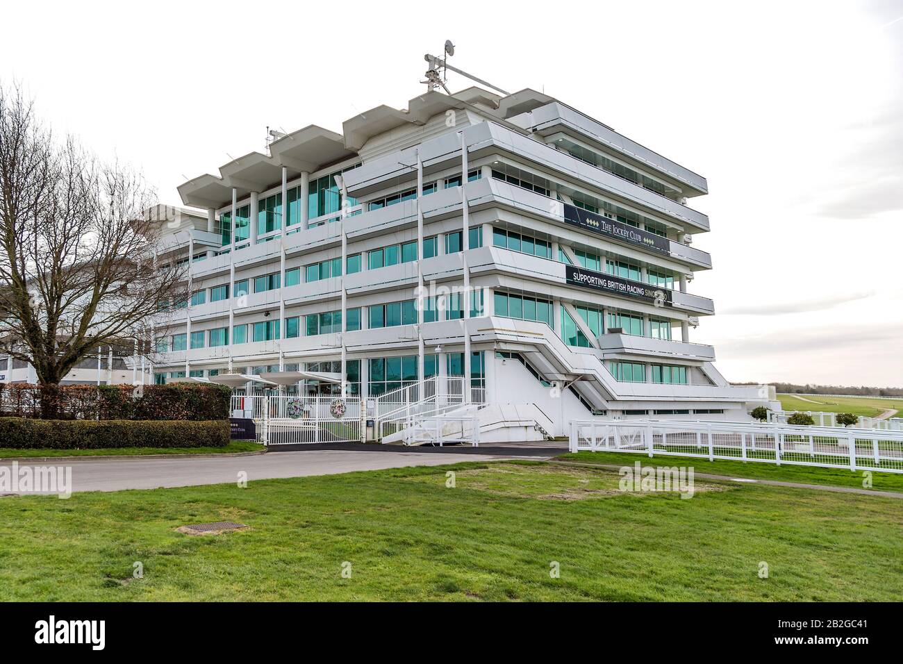 The Queens Stand and Lester Piggott gates at Epsom Downs Racecourse. Stock Photo