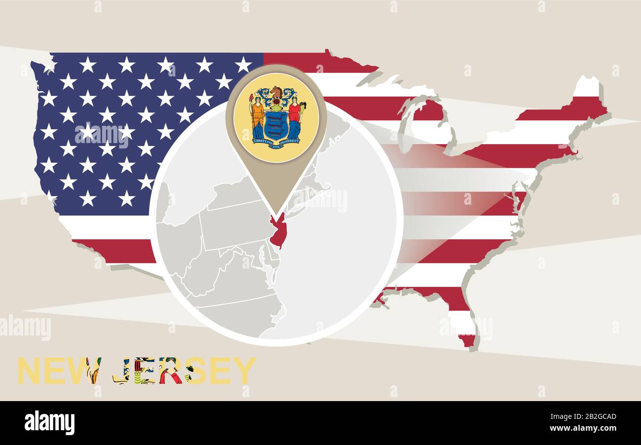 USA map with magnified New Jersey State. New Jersey flag and map. Stock Vector