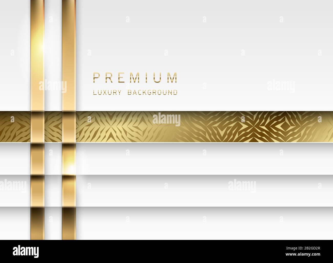 Vector luxury tech background. Stack of white paper material layer with gold stripe and golden geometric pattern. Premium wedding design. Stock Vector