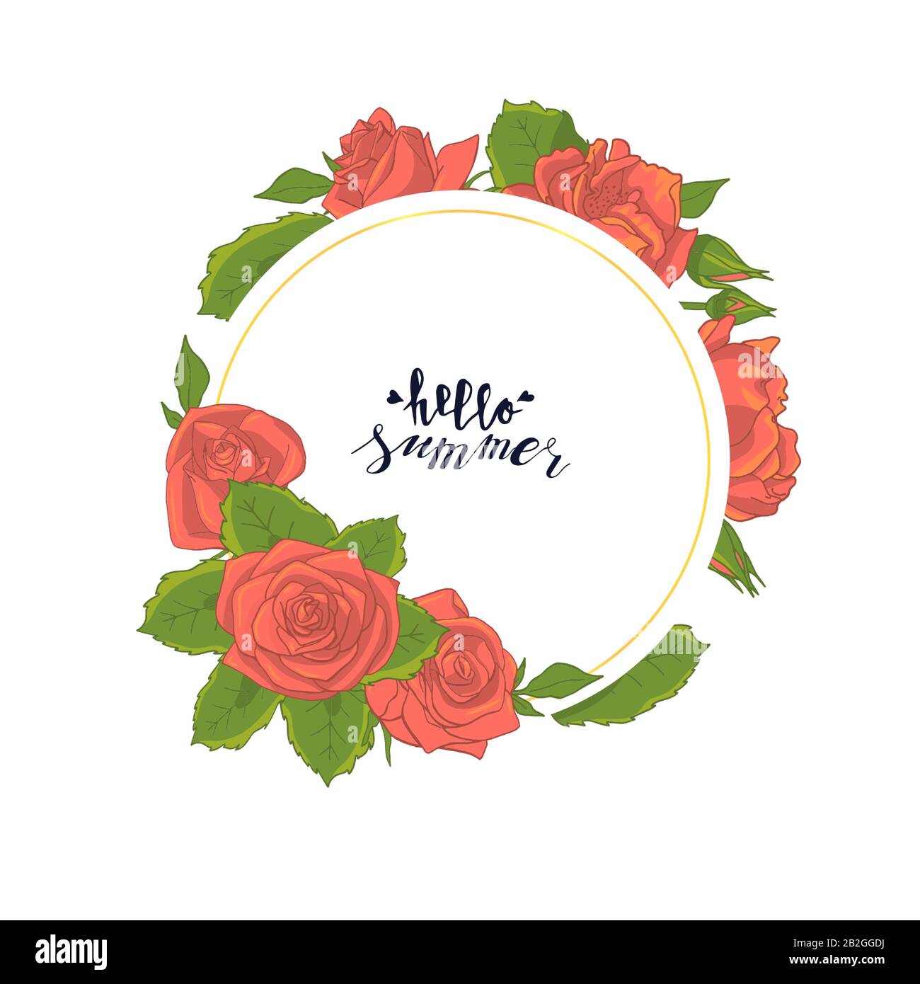 Round line frame with pink rose flower bouquets. Hello summer hand ...