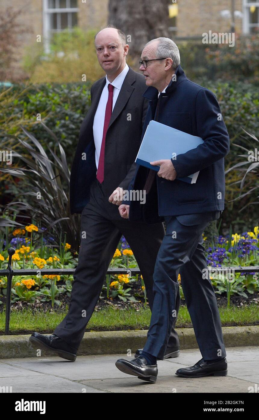 RETRANSMITTING WITH ADDITIONAL CAPTION INFORMATION Chief Medical Officer, Chris Whitty (left) and Chief Scientific Adviser to the Government, Sir Patrick Vallance, arrives for a cabinet meeting at 10 Downing Street, London. Stock Photo