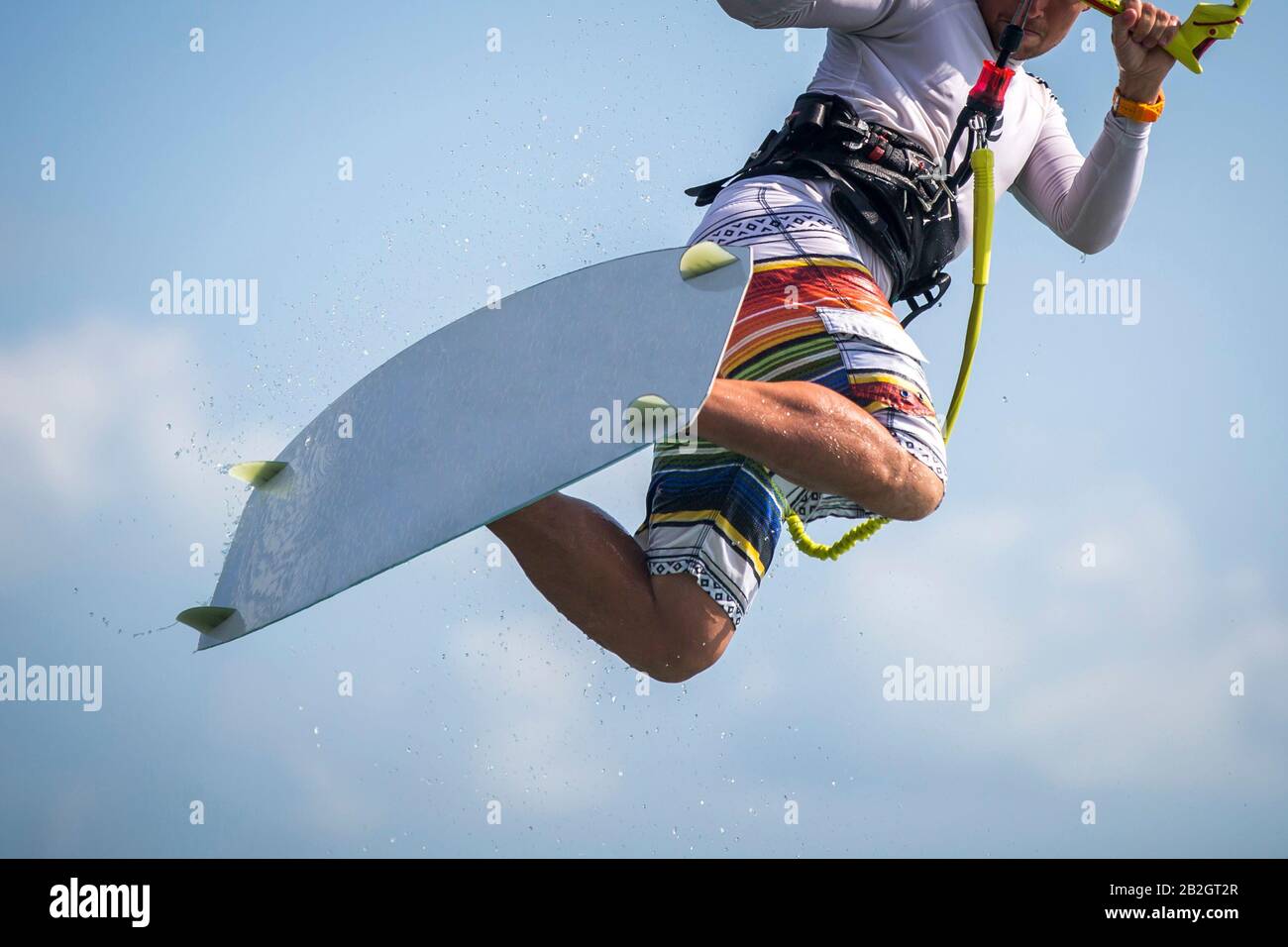Kitesurfing, Kiteboarding action photos in exotic location. Stock Photo