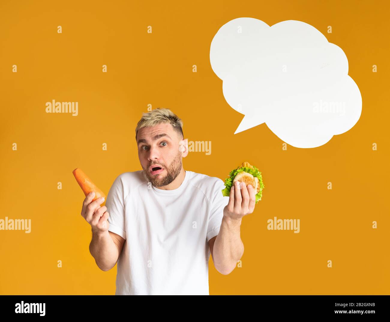 Fast food or healthy products. Thinking bubble Stock Photo