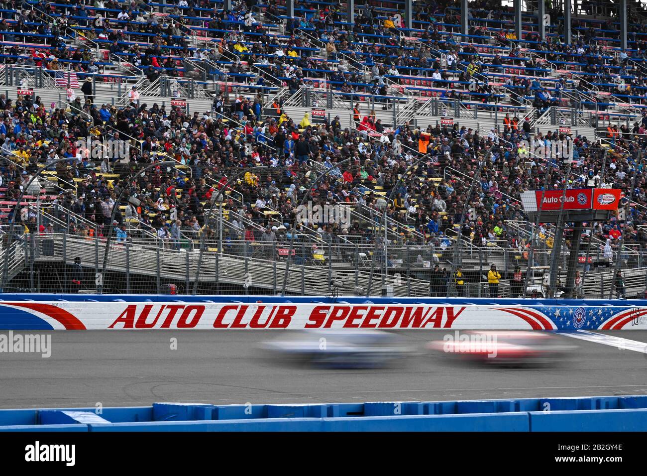 General view of the finish line at Auto Club Speedway during the NASCAR