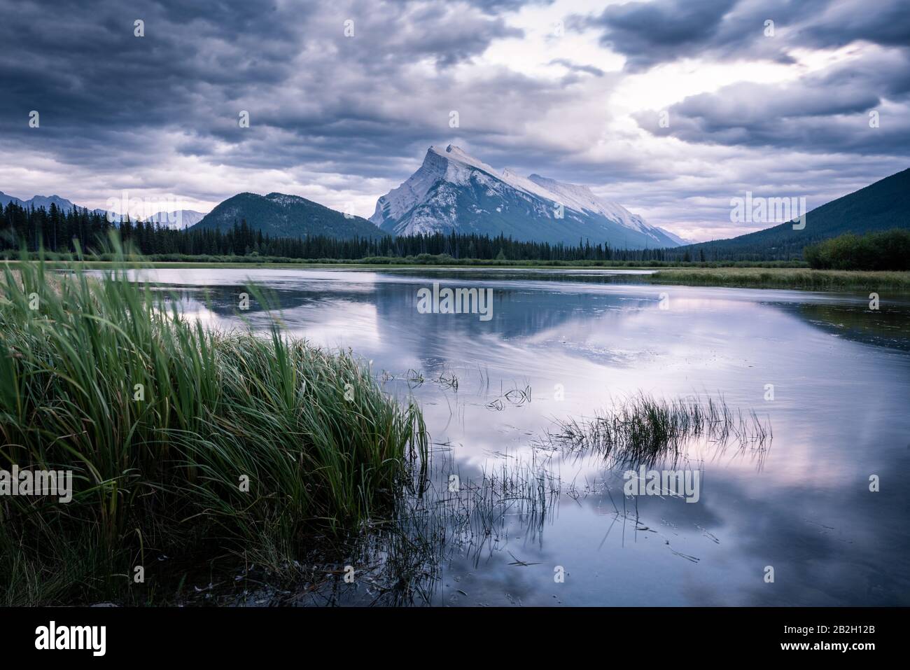 Vermillion lakes, cloudy sunset. Banff National Park, Canada Stock