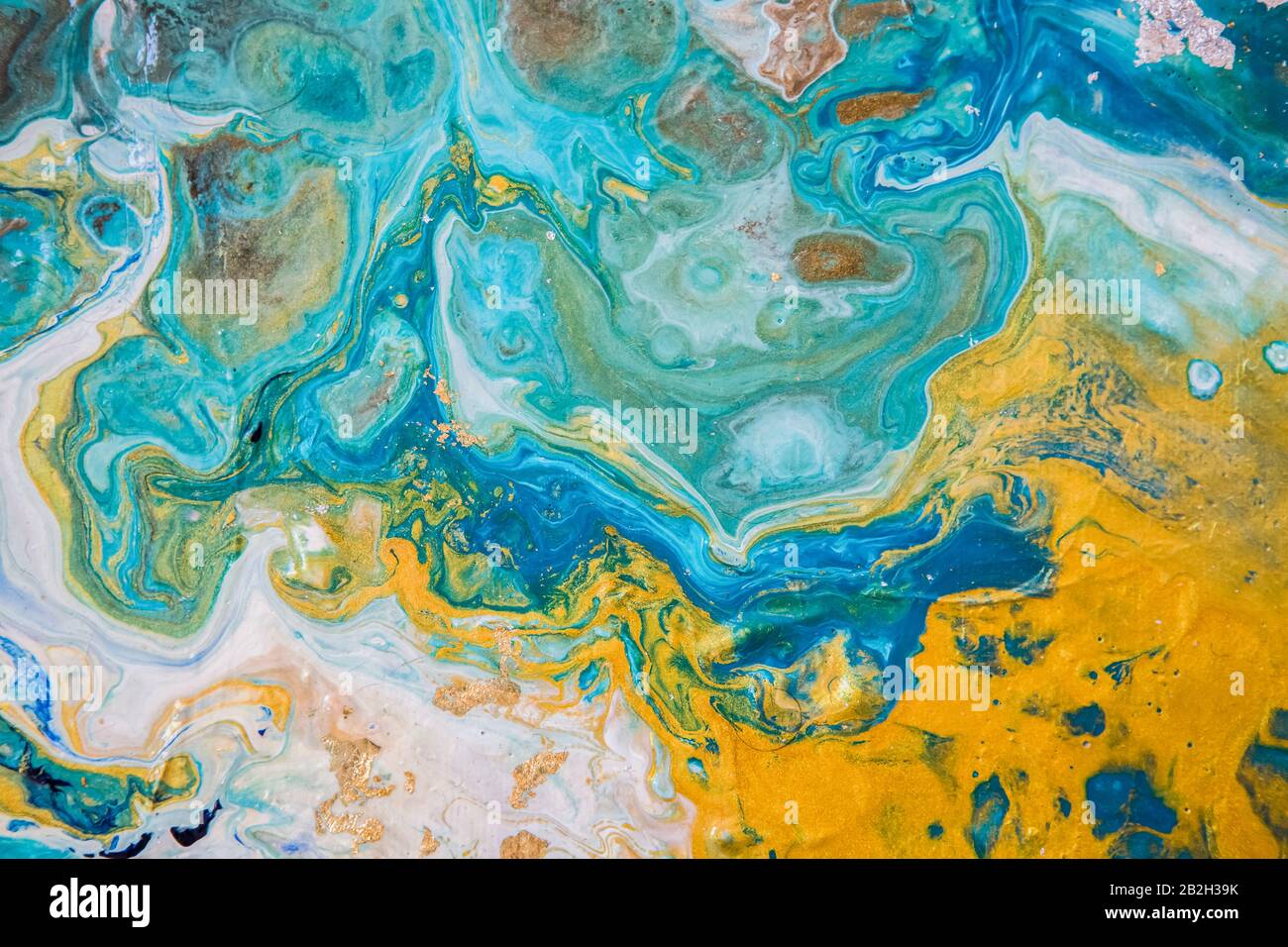 Beautiful Fluid Abstract Paint Background Blue Acrylic Texture With Gold Marble Pattern Oil Painting Background Of Abstract Ocean Stock Photo Alamy